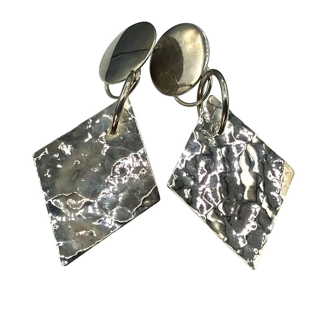 Bold Geometric Dangle Earrings, Silver Tone Shoulder Dusters, Hammered, Dynamic